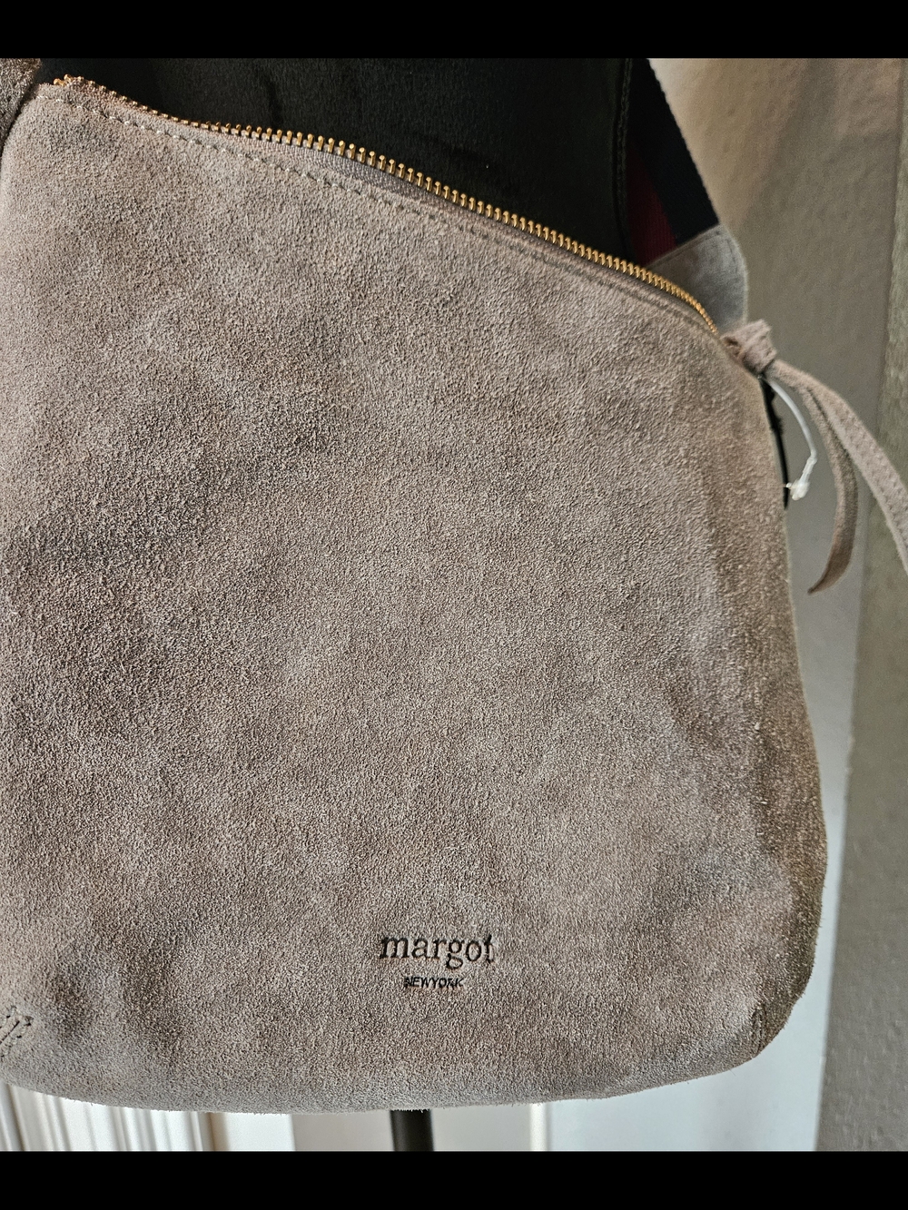 Margot Taupe Suede Crossbody Bag with Striped Strap - Picture 2 of 6